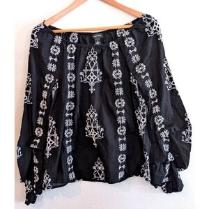 INC Black Off Shoulder Embroidered Cotton Top Ruffle Sleeve Boho Blouse S